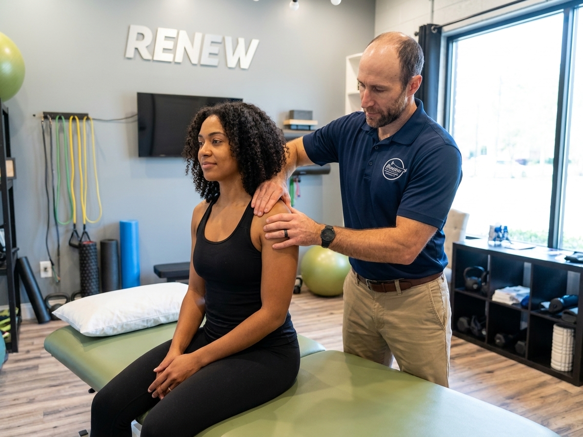 Patient working with a provider at a sports physical therapy clinic in Mooresville, NC during a movement screen assessment