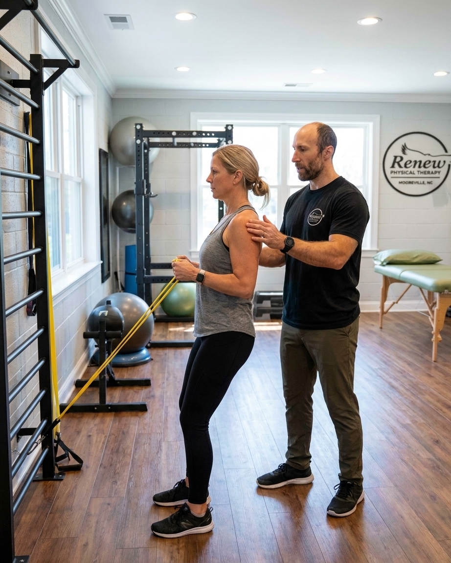 Physical therapist guiding a patient through therapeutic exercise at a sports physical therapy clinic in Mooresville, NC