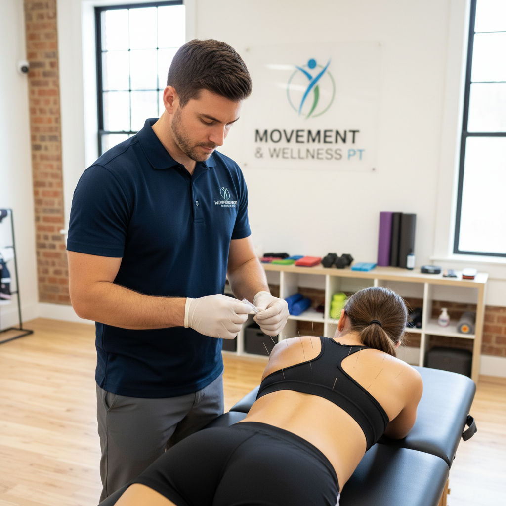 Physical therapist performing dry needling on athlete's shoulder