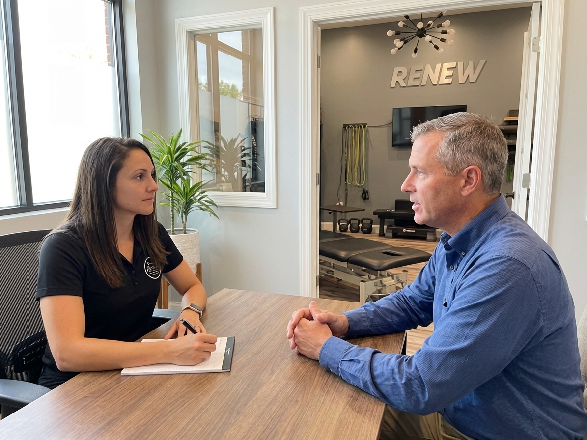 Physical therapist performing manual therapy treatment on patient at orthopedic clinic in Mooresville